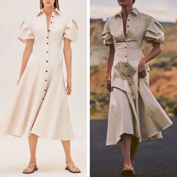 Alexis Amilya Midi Shirt Dress Ivory Light Beige Oatmeal Puff Sleeve Fit Flare